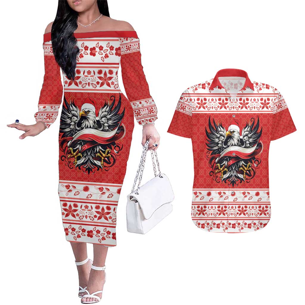Poland Christmas Couples Matching Off The Shoulder Long Sleeve Dress and Hawaiian Shirt Polish Eagle with Flag Style - Wonder Print Shop