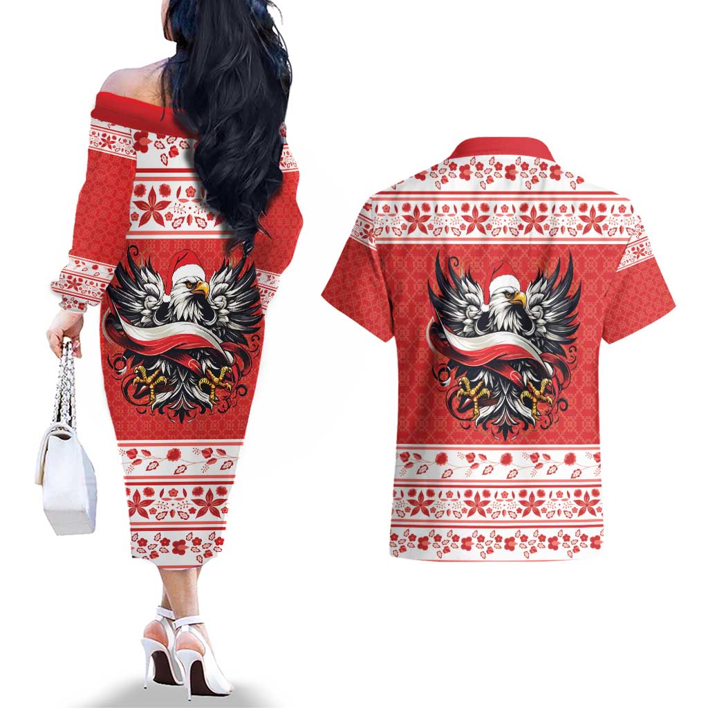 Poland Christmas Couples Matching Off The Shoulder Long Sleeve Dress and Hawaiian Shirt Polish Eagle with Flag Style - Wonder Print Shop