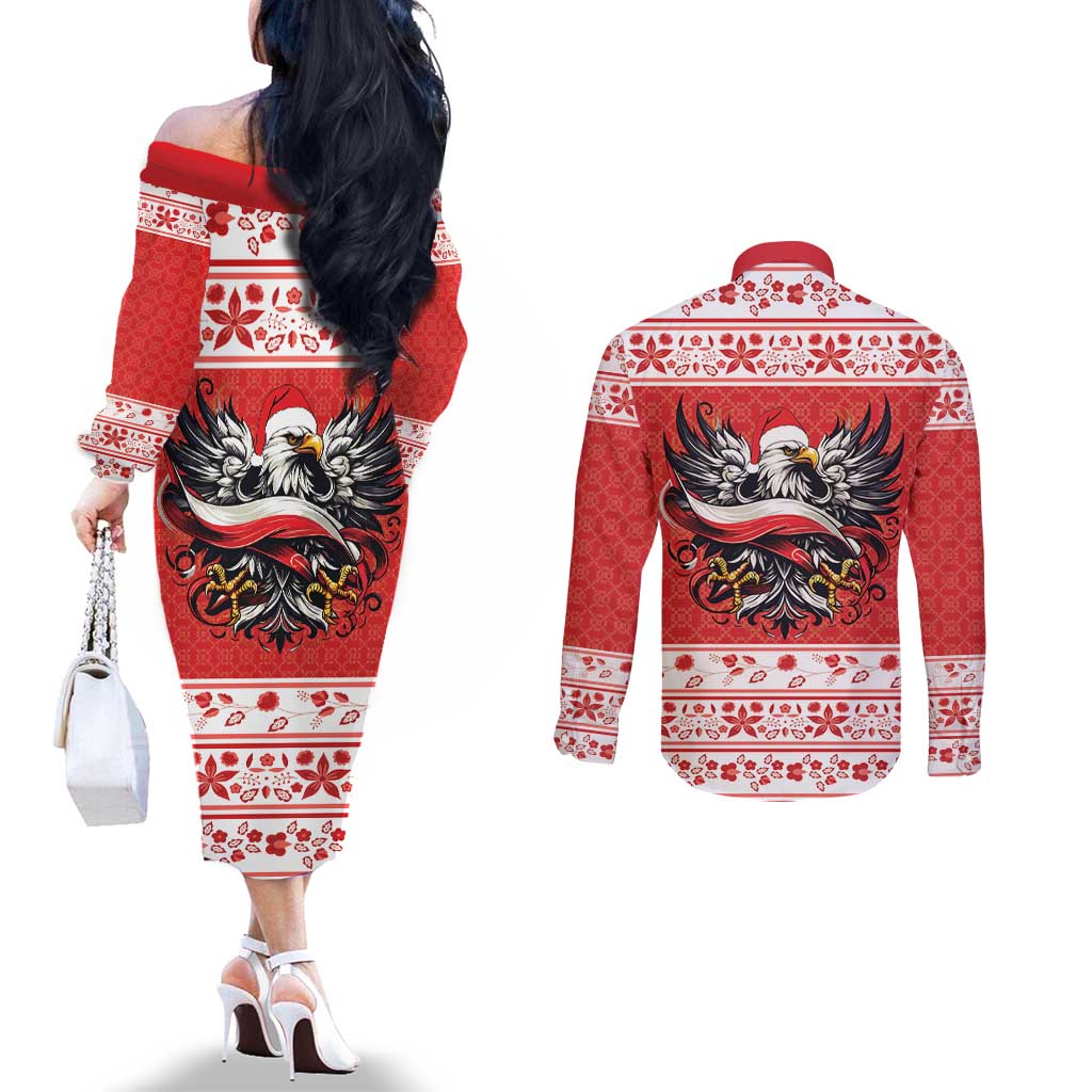 Poland Christmas Couples Matching Off The Shoulder Long Sleeve Dress and Long Sleeve Button Shirt Polish Eagle with Flag Style - Wonder Print Shop