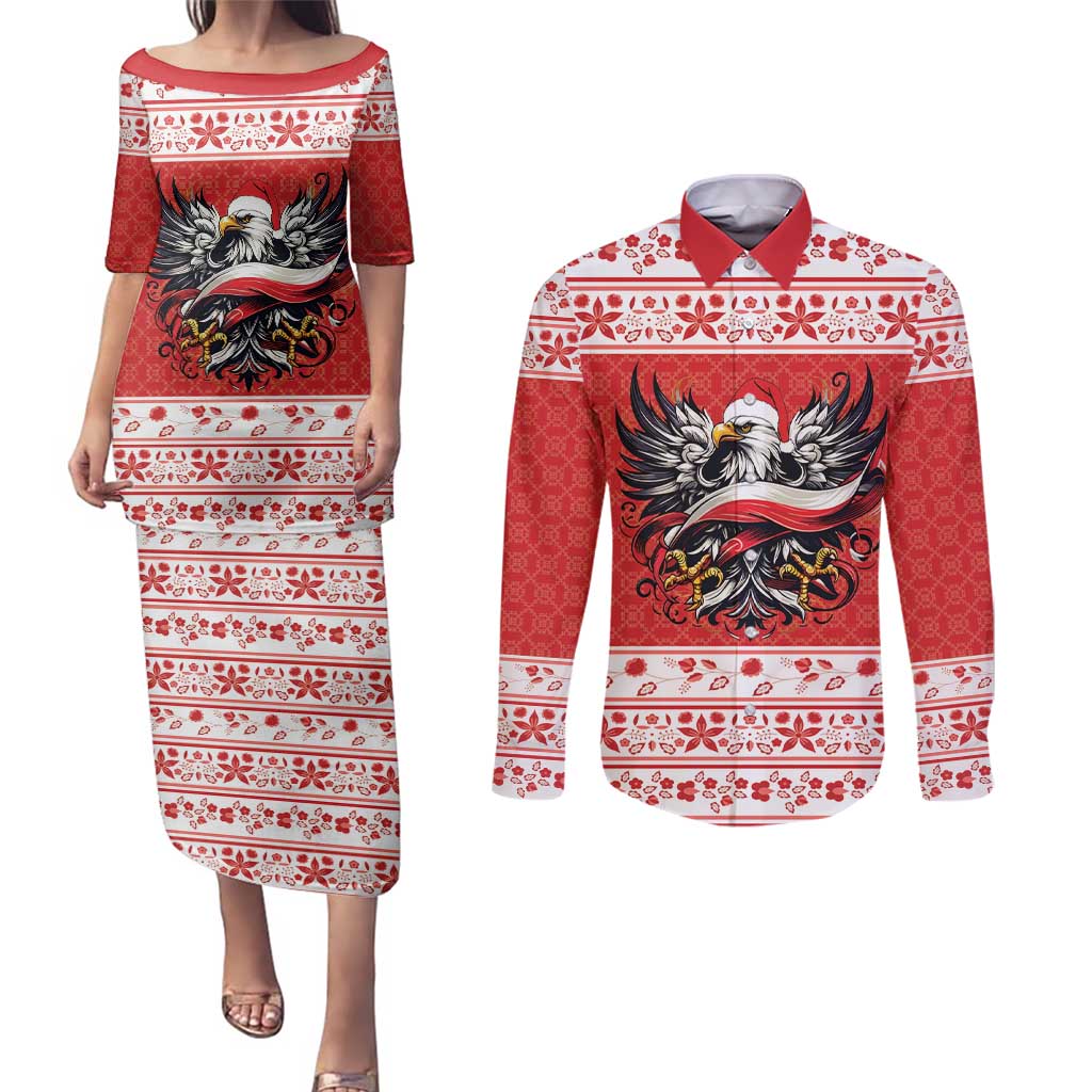 Poland Christmas Couples Matching Puletasi and Long Sleeve Button Shirt Polish Eagle with Flag Style - Wonder Print Shop
