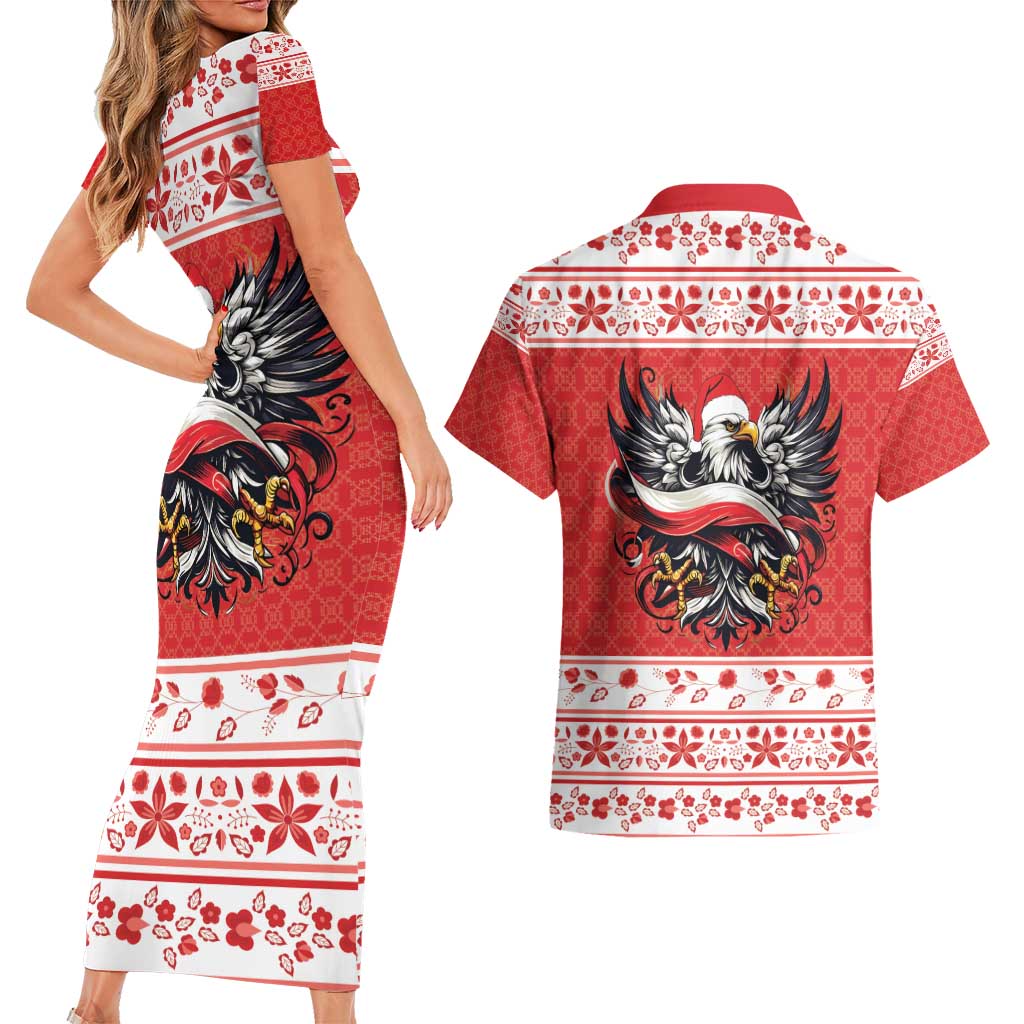 Poland Christmas Couples Matching Short Sleeve Bodycon Dress and Hawaiian Shirt Polish Eagle with Flag Style - Wonder Print Shop