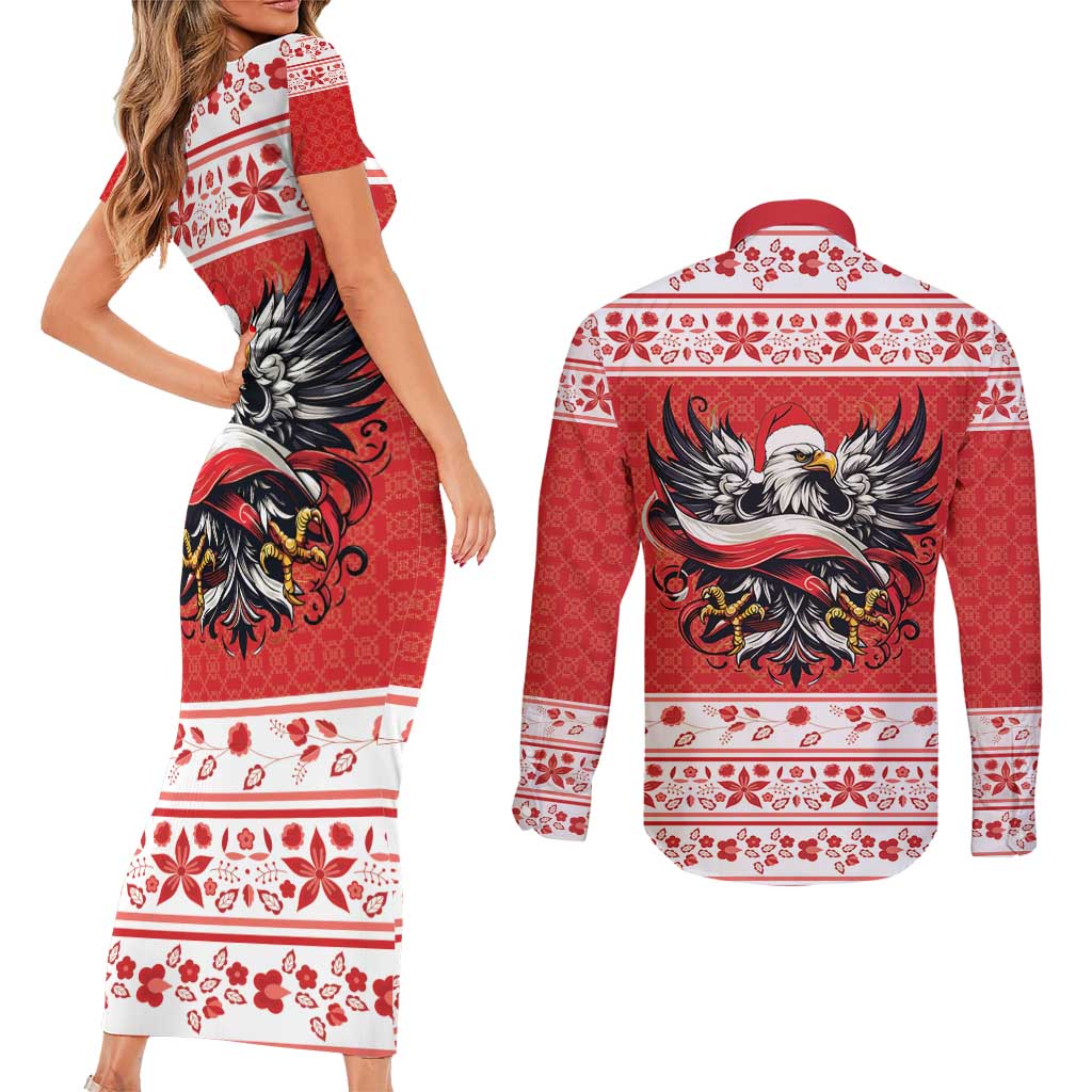 Poland Christmas Couples Matching Short Sleeve Bodycon Dress and Long Sleeve Button Shirt Polish Eagle with Flag Style - Wonder Print Shop