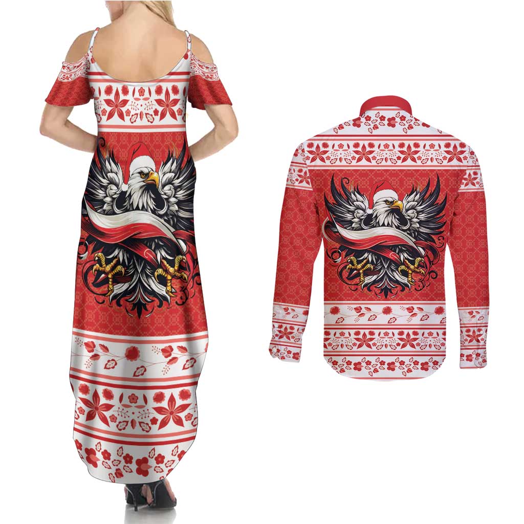 Poland Christmas Couples Matching Summer Maxi Dress and Long Sleeve Button Shirt Polish Eagle with Flag Style - Wonder Print Shop
