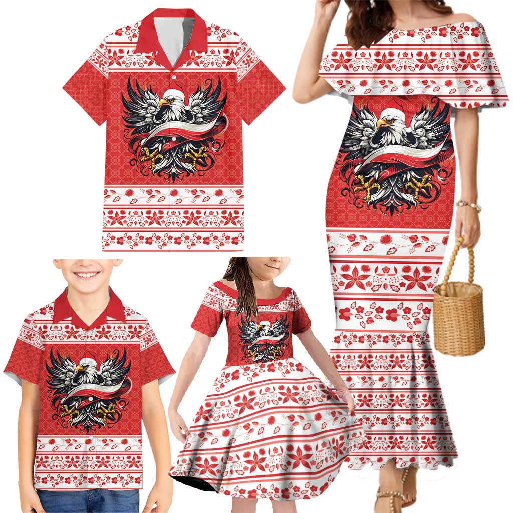 Poland Christmas Family Matching Mermaid Dress and Hawaiian Shirt Polish Eagle with Flag Style - Wonder Print Shop