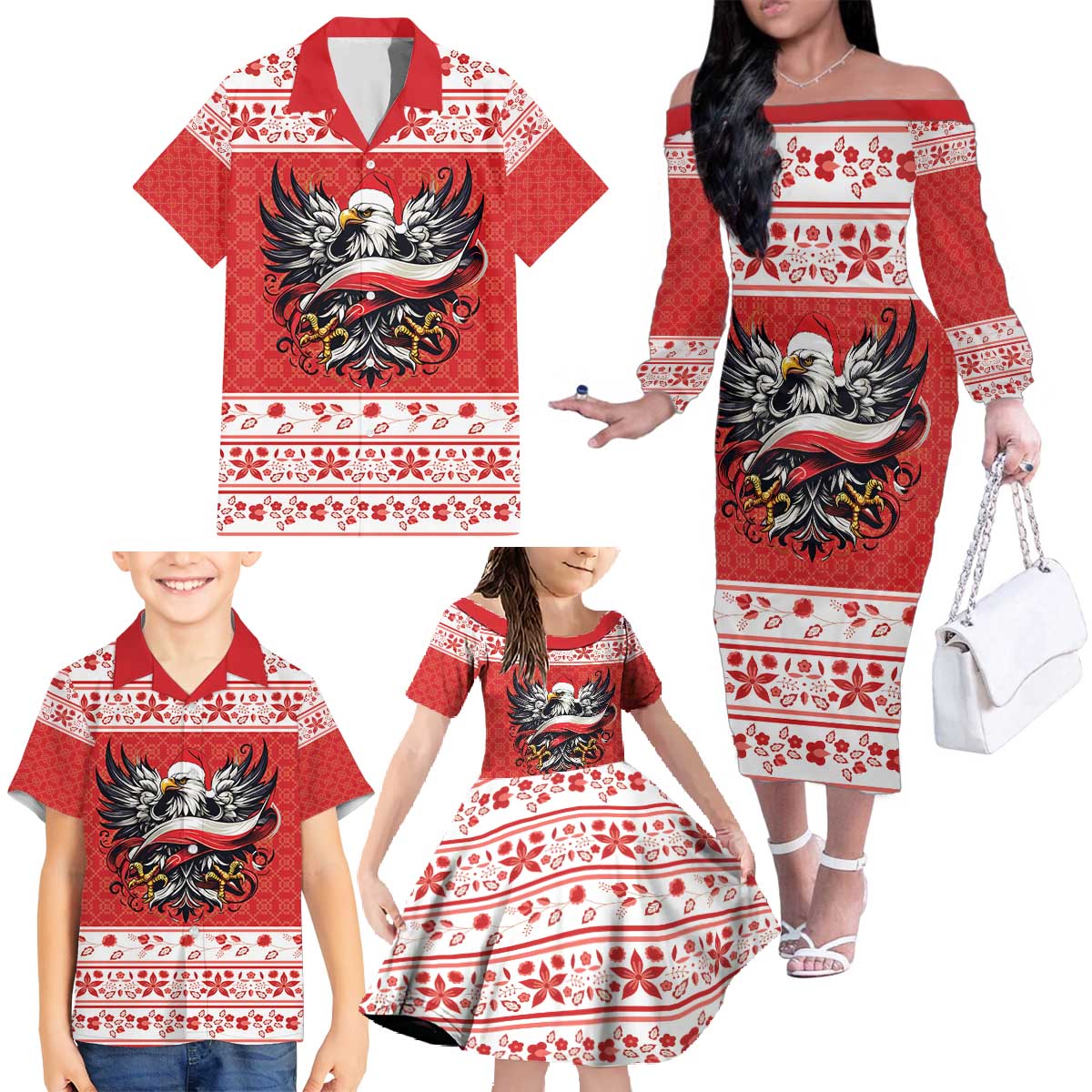 Poland Christmas Family Matching Off The Shoulder Long Sleeve Dress and Hawaiian Shirt Polish Eagle with Flag Style - Wonder Print Shop