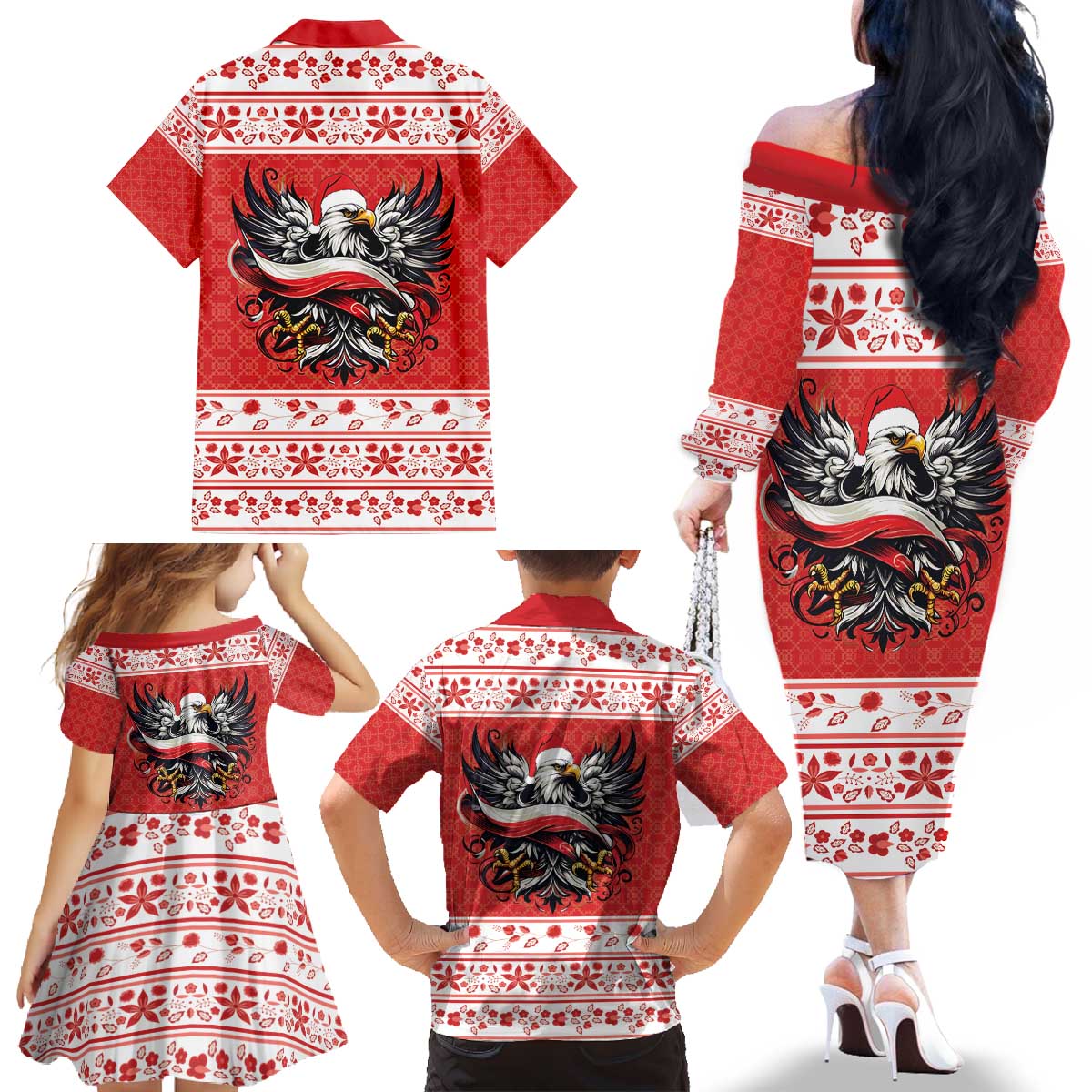 Poland Christmas Family Matching Off The Shoulder Long Sleeve Dress and Hawaiian Shirt Polish Eagle with Flag Style - Wonder Print Shop