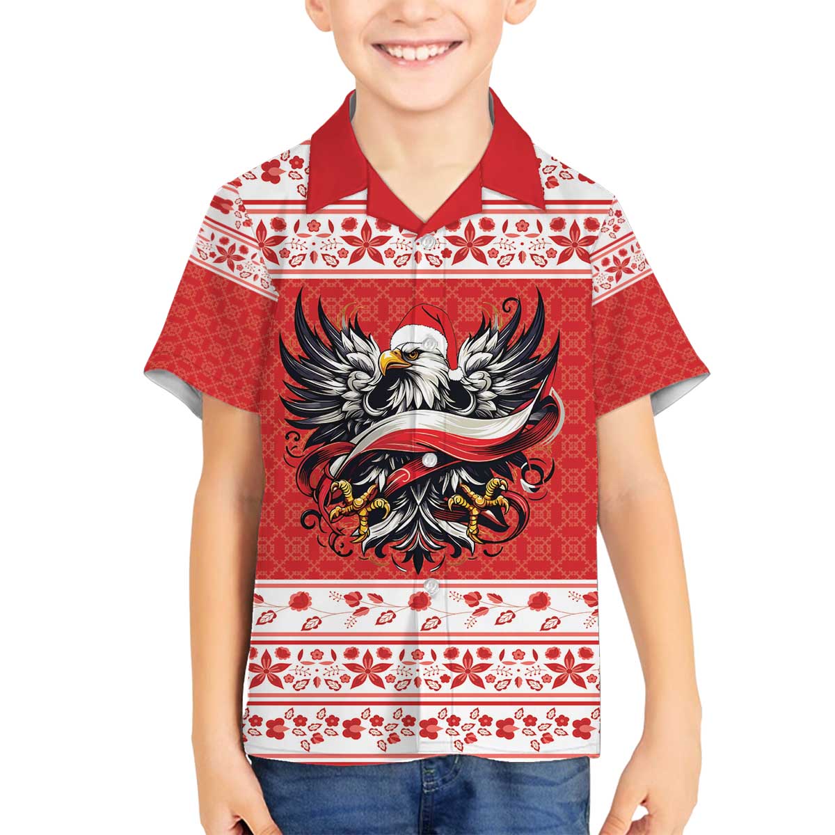 Poland Christmas Family Matching Off The Shoulder Long Sleeve Dress and Hawaiian Shirt Polish Eagle with Flag Style - Wonder Print Shop
