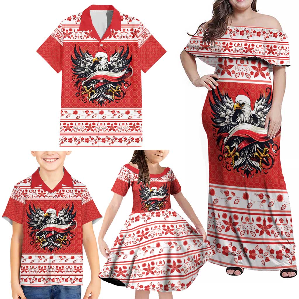 Poland Christmas Family Matching Off Shoulder Maxi Dress and Hawaiian Shirt Polish Eagle with Flag Style - Wonder Print Shop