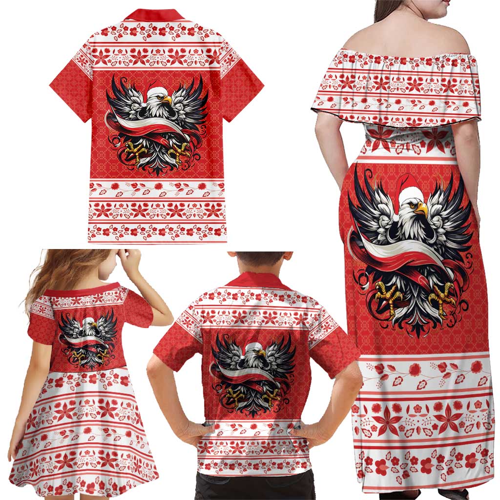 Poland Christmas Family Matching Off Shoulder Maxi Dress and Hawaiian Shirt Polish Eagle with Flag Style - Wonder Print Shop