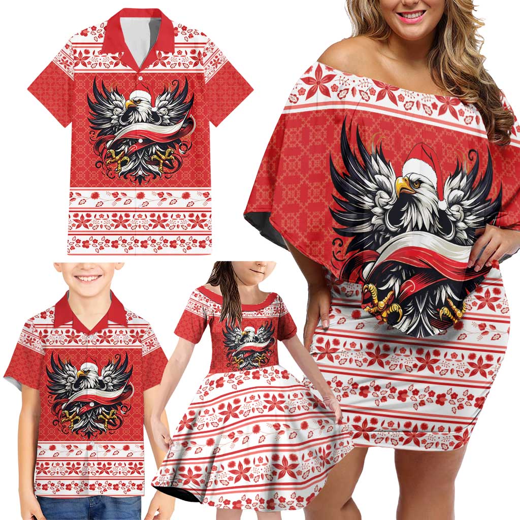 Poland Christmas Family Matching Off Shoulder Short Dress and Hawaiian Shirt Polish Eagle with Flag Style - Wonder Print Shop