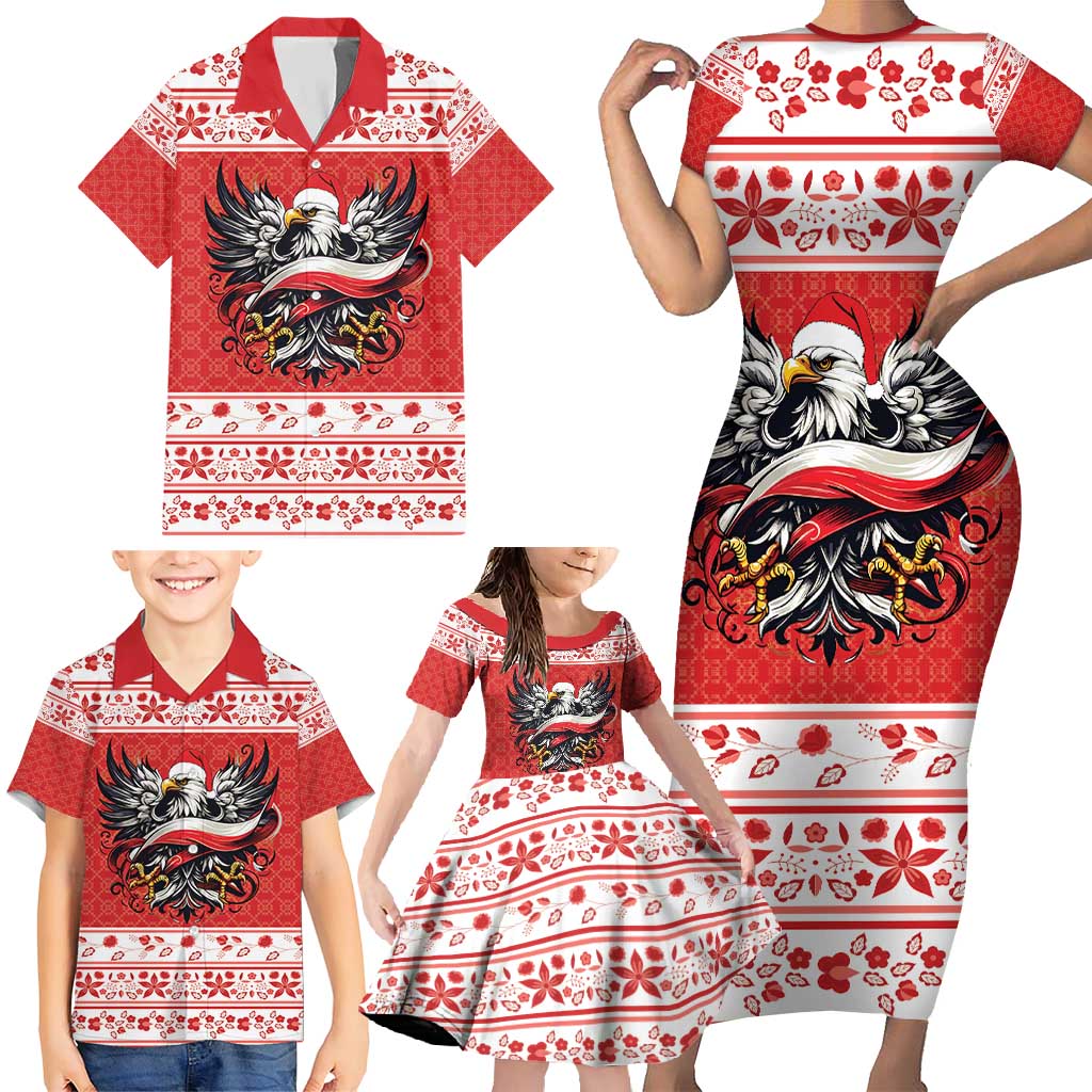 Poland Christmas Family Matching Short Sleeve Bodycon Dress and Hawaiian Shirt Polish Eagle with Flag Style - Wonder Print Shop