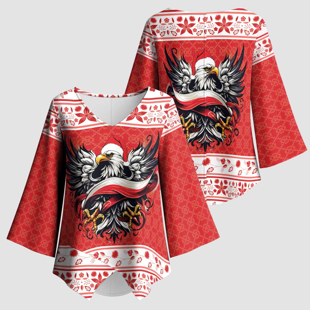 Poland Christmas Kimono Sleeve Blouse Polish Eagle with Flag Style - Wonder Print Shop