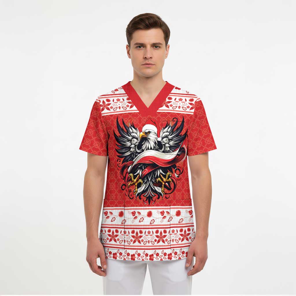Poland Christmas Scrub Top Polish Eagle with Flag Style - Wonder Print Shop