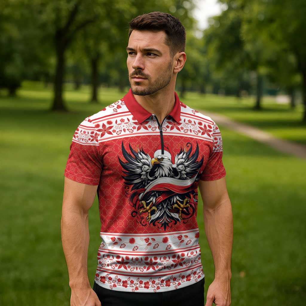 Poland Christmas Zipper Polo Shirt Polish Eagle with Flag Style - Wonder Print Shop