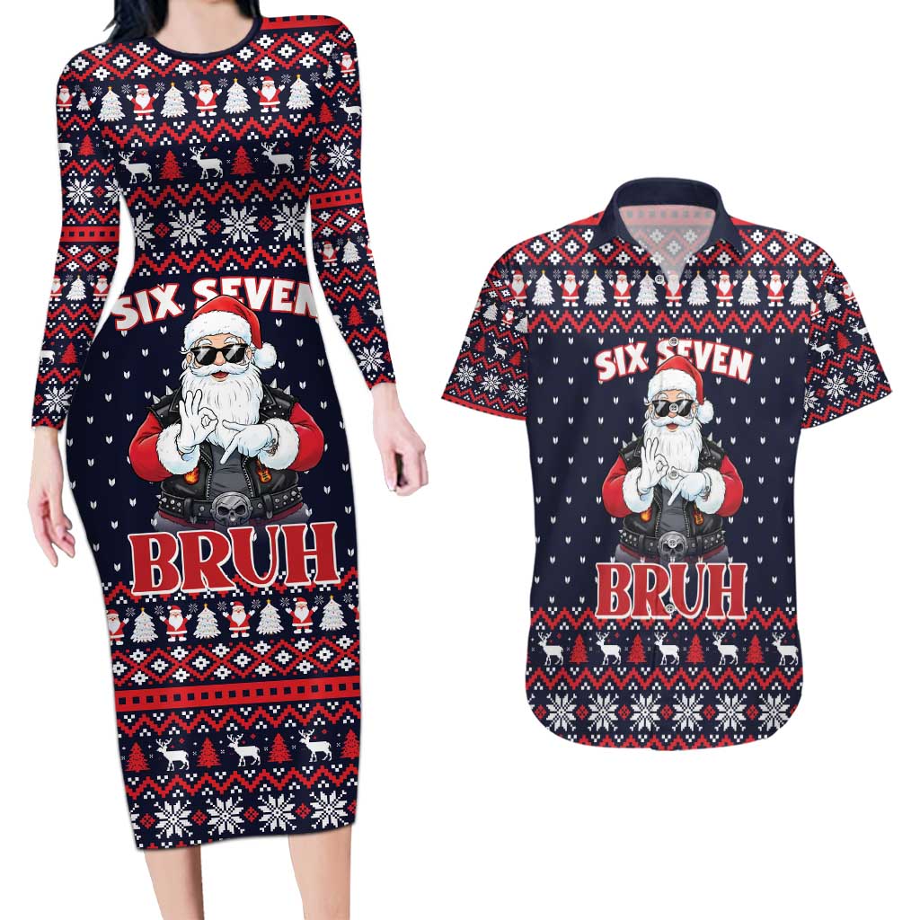 Funny Santa Six Seven Bruh Christmas Couples Matching Long Sleeve Bodycon Dress and Hawaiian Shirt Meme Gen Alpha Slang - Wonder Print Shop