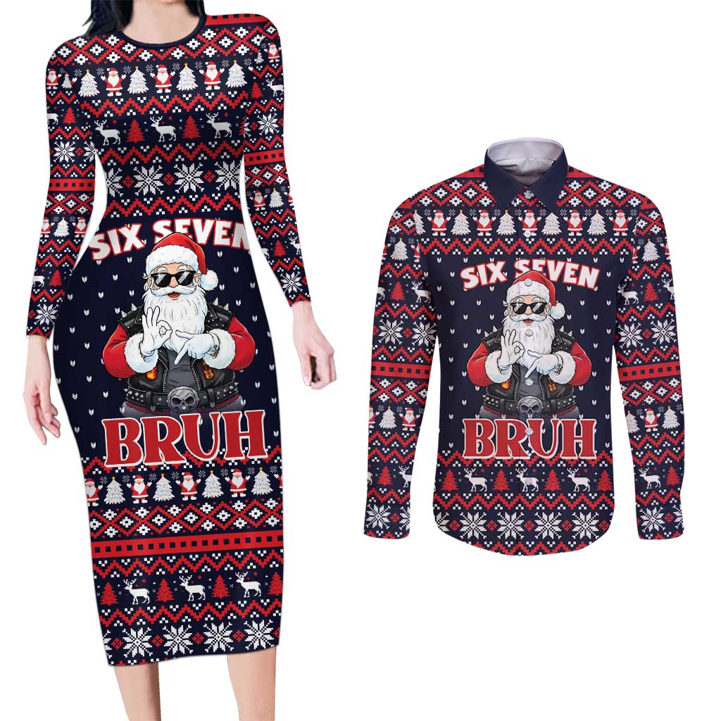 Funny Santa Six Seven Bruh Christmas Couples Matching Long Sleeve Bodycon Dress and Long Sleeve Button Shirt Meme Gen Alpha Slang - Wonder Print Shop
