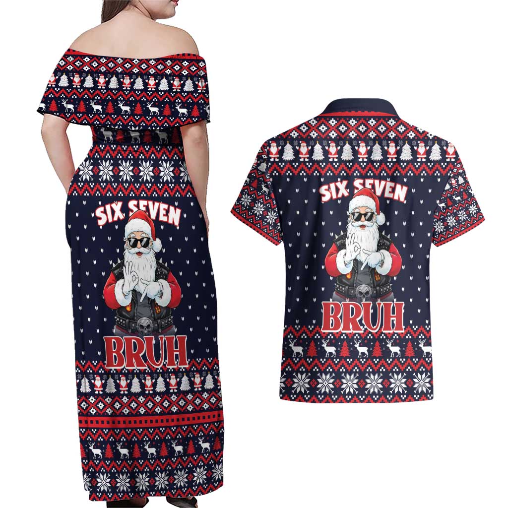 Funny Santa Six Seven Bruh Christmas Couples Matching Off Shoulder Maxi Dress and Hawaiian Shirt Meme Gen Alpha Slang - Wonder Print Shop