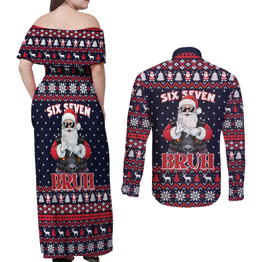Funny Santa Six Seven Bruh Christmas Couples Matching Off Shoulder Maxi Dress and Long Sleeve Button Shirt Meme Gen Alpha Slang - Wonder Print Shop