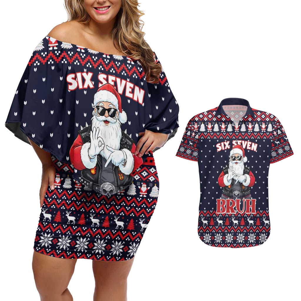 Funny Santa Six Seven Bruh Christmas Couples Matching Off Shoulder Short Dress and Hawaiian Shirt Meme Gen Alpha Slang - Wonder Print Shop