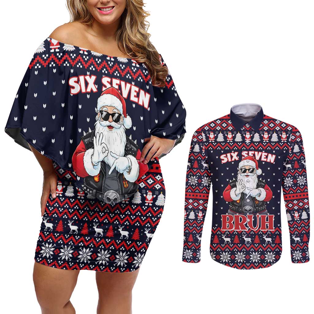 Funny Santa Six Seven Bruh Christmas Couples Matching Off Shoulder Short Dress and Long Sleeve Button Shirt Meme Gen Alpha Slang - Wonder Print Shop