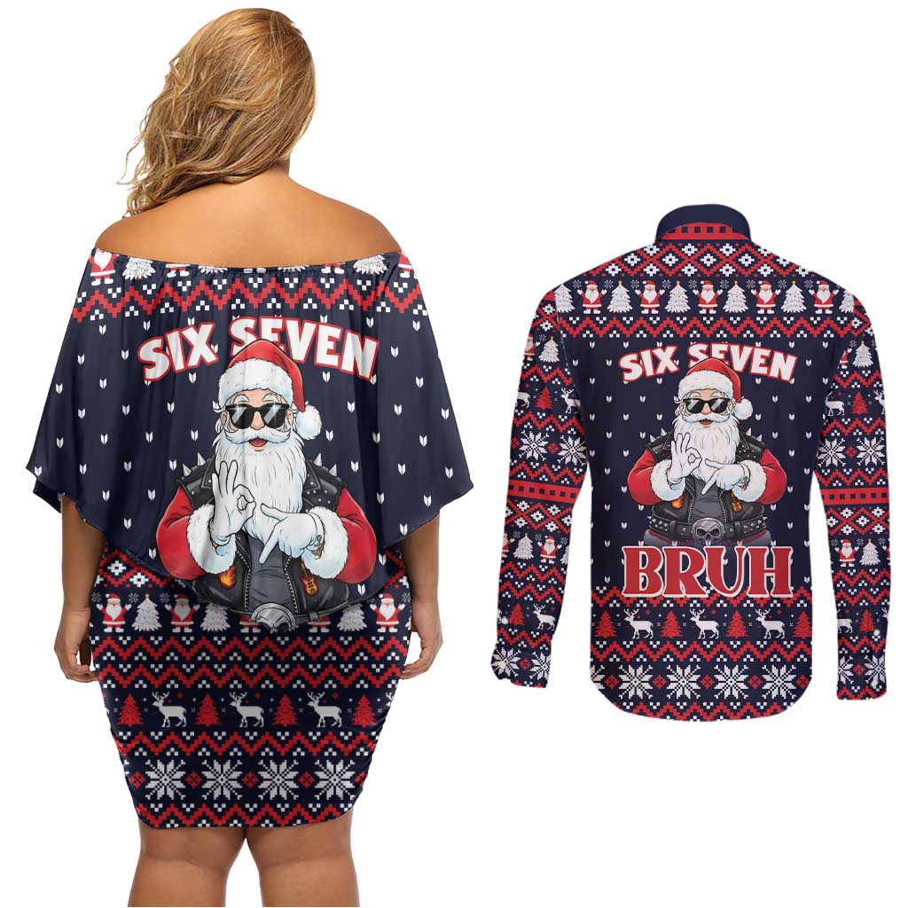 Funny Santa Six Seven Bruh Christmas Couples Matching Off Shoulder Short Dress and Long Sleeve Button Shirt Meme Gen Alpha Slang - Wonder Print Shop