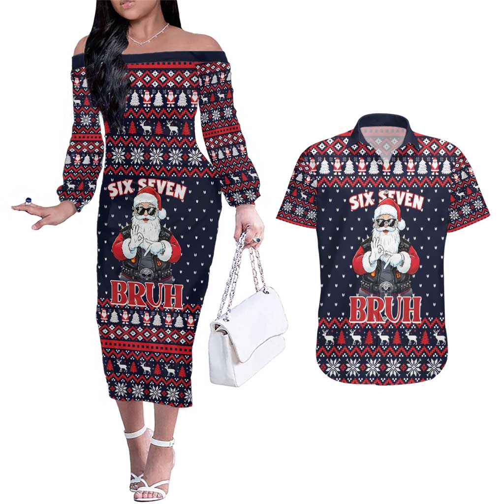 Funny Santa Six Seven Bruh Christmas Couples Matching Off The Shoulder Long Sleeve Dress and Hawaiian Shirt Meme Gen Alpha Slang - Wonder Print Shop