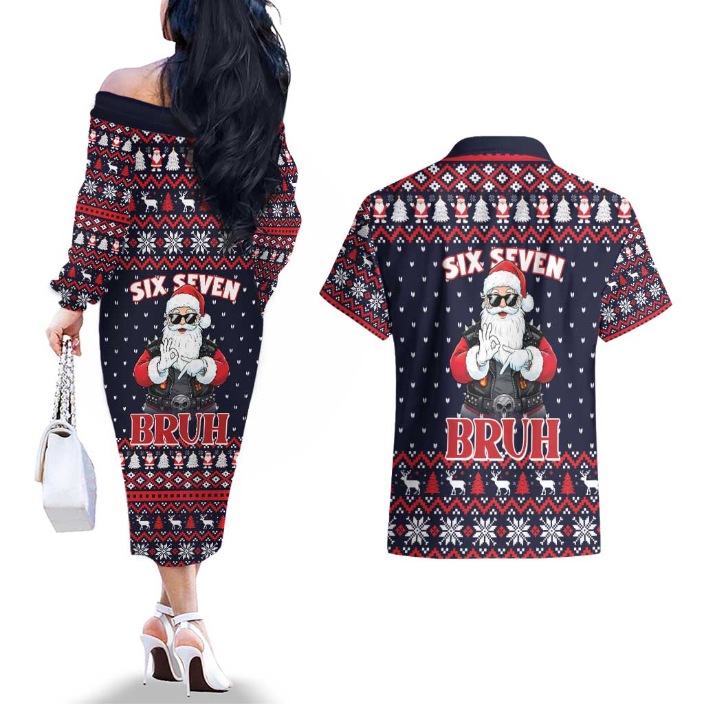 Funny Santa Six Seven Bruh Christmas Couples Matching Off The Shoulder Long Sleeve Dress and Hawaiian Shirt Meme Gen Alpha Slang - Wonder Print Shop