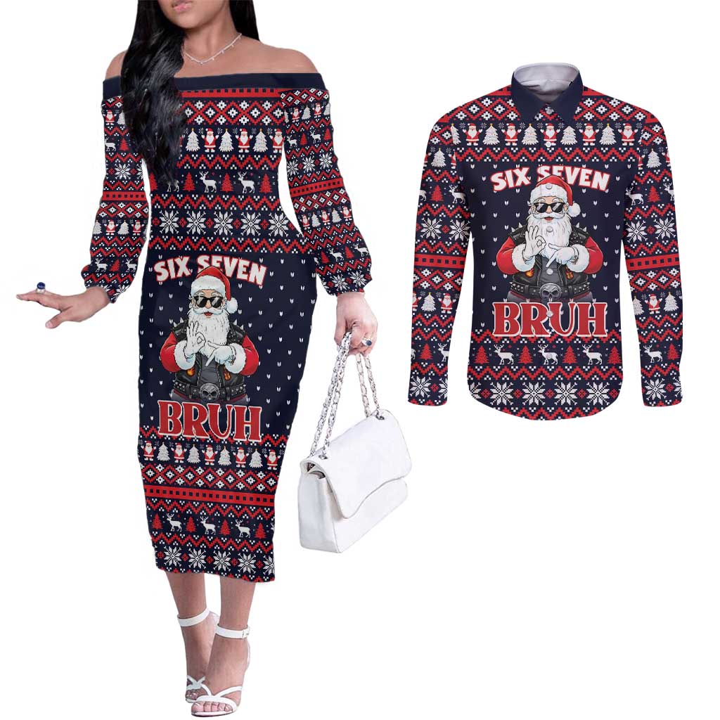 Funny Santa Six Seven Bruh Christmas Couples Matching Off The Shoulder Long Sleeve Dress and Long Sleeve Button Shirt Meme Gen Alpha Slang - Wonder Print Shop