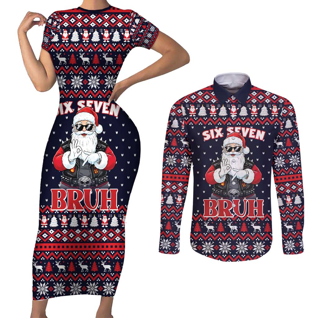 Funny Santa Six Seven Bruh Christmas Couples Matching Short Sleeve Bodycon Dress and Long Sleeve Button Shirt Meme Gen Alpha Slang - Wonder Print Shop
