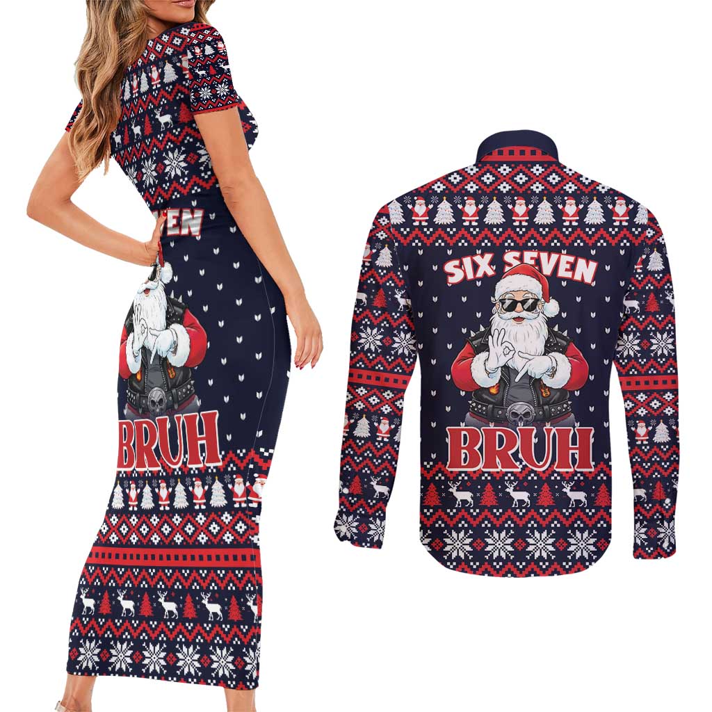Funny Santa Six Seven Bruh Christmas Couples Matching Short Sleeve Bodycon Dress and Long Sleeve Button Shirt Meme Gen Alpha Slang - Wonder Print Shop