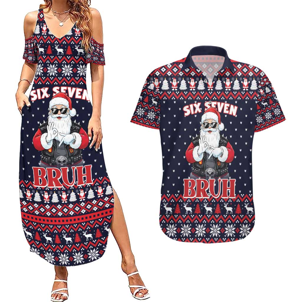 Funny Santa Six Seven Bruh Christmas Couples Matching Summer Maxi Dress and Hawaiian Shirt Meme Gen Alpha Slang - Wonder Print Shop