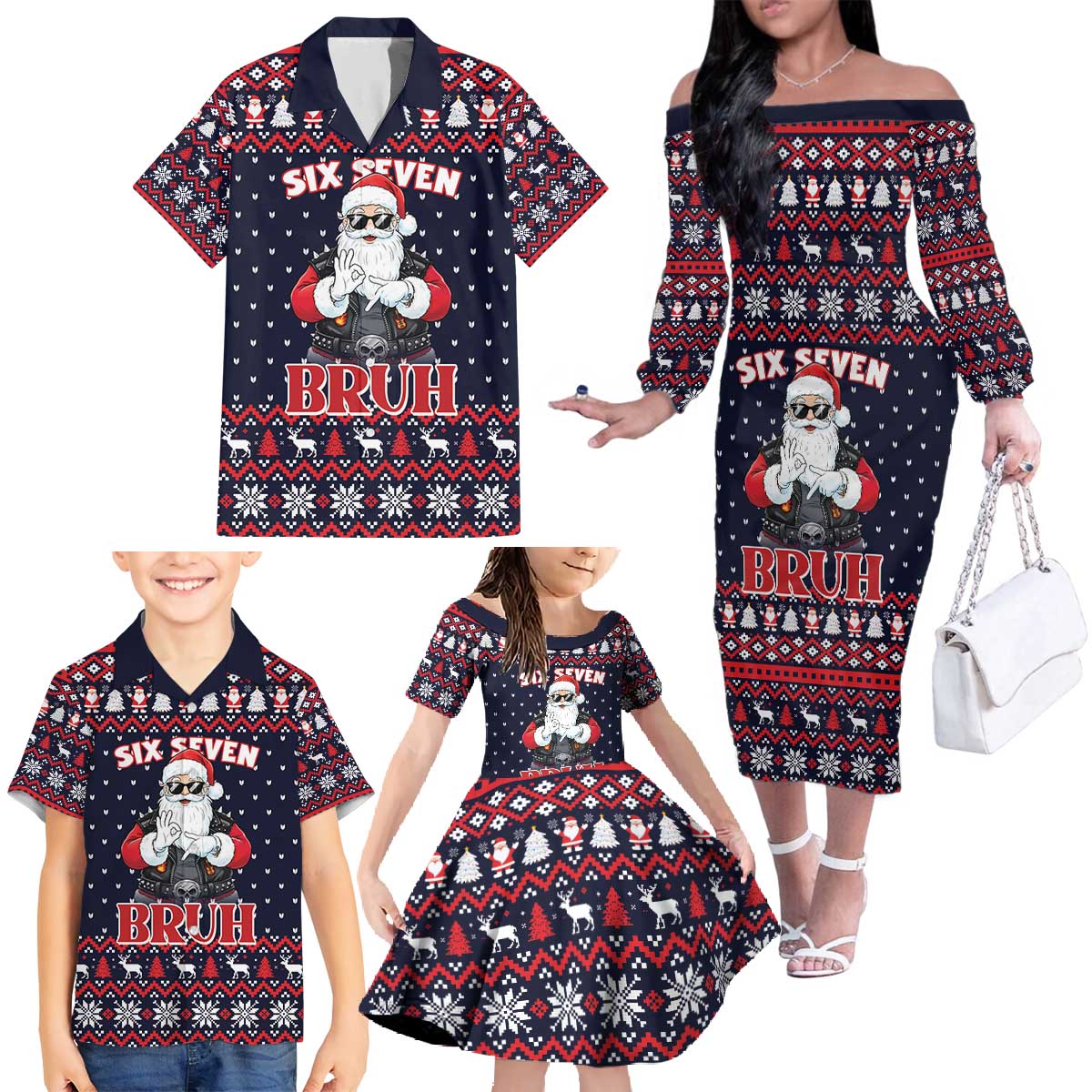 Funny Santa Six Seven Bruh Christmas Family Matching Off The Shoulder Long Sleeve Dress and Hawaiian Shirt Meme Gen Alpha Slang - Wonder Print Shop