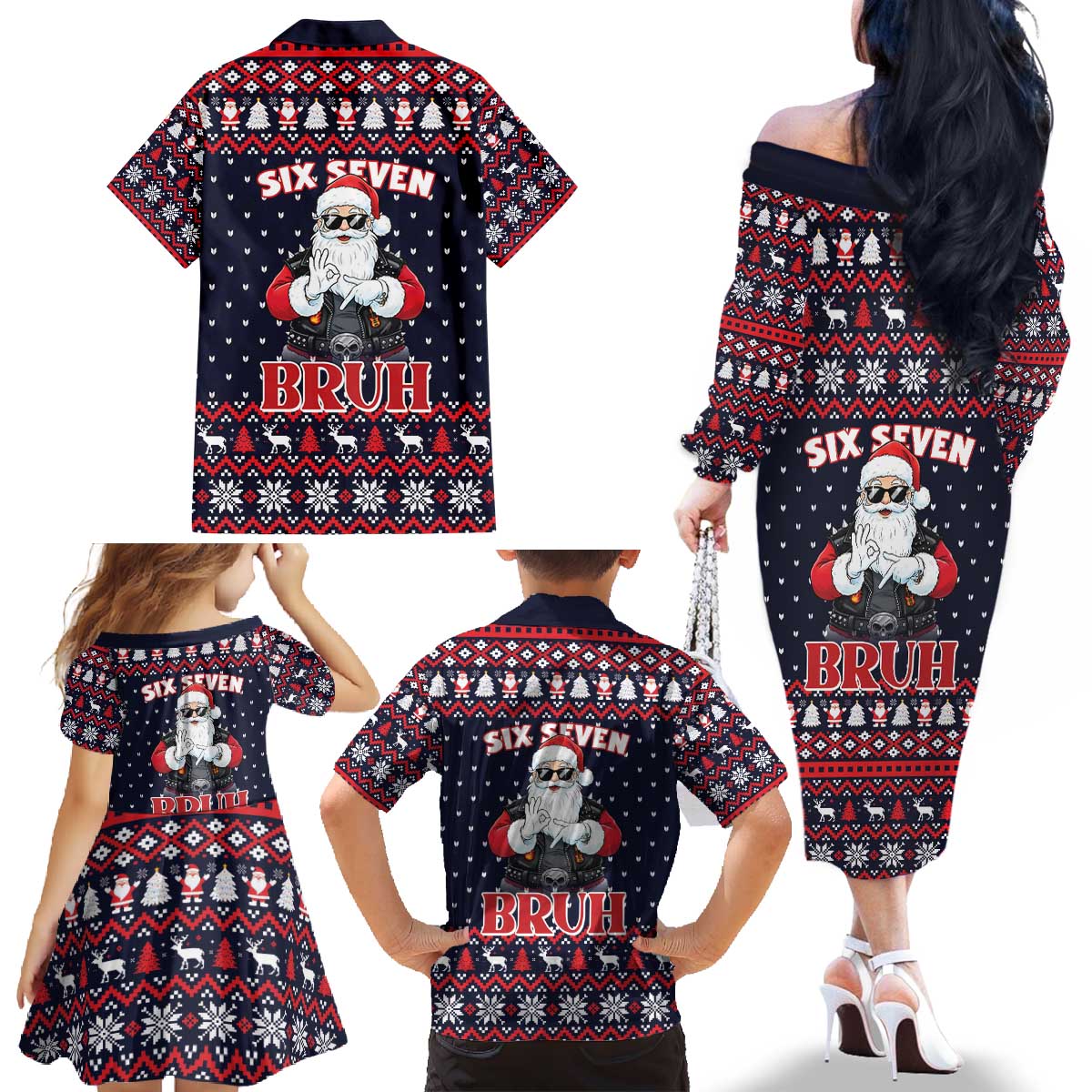 Funny Santa Six Seven Bruh Christmas Family Matching Off The Shoulder Long Sleeve Dress and Hawaiian Shirt Meme Gen Alpha Slang - Wonder Print Shop