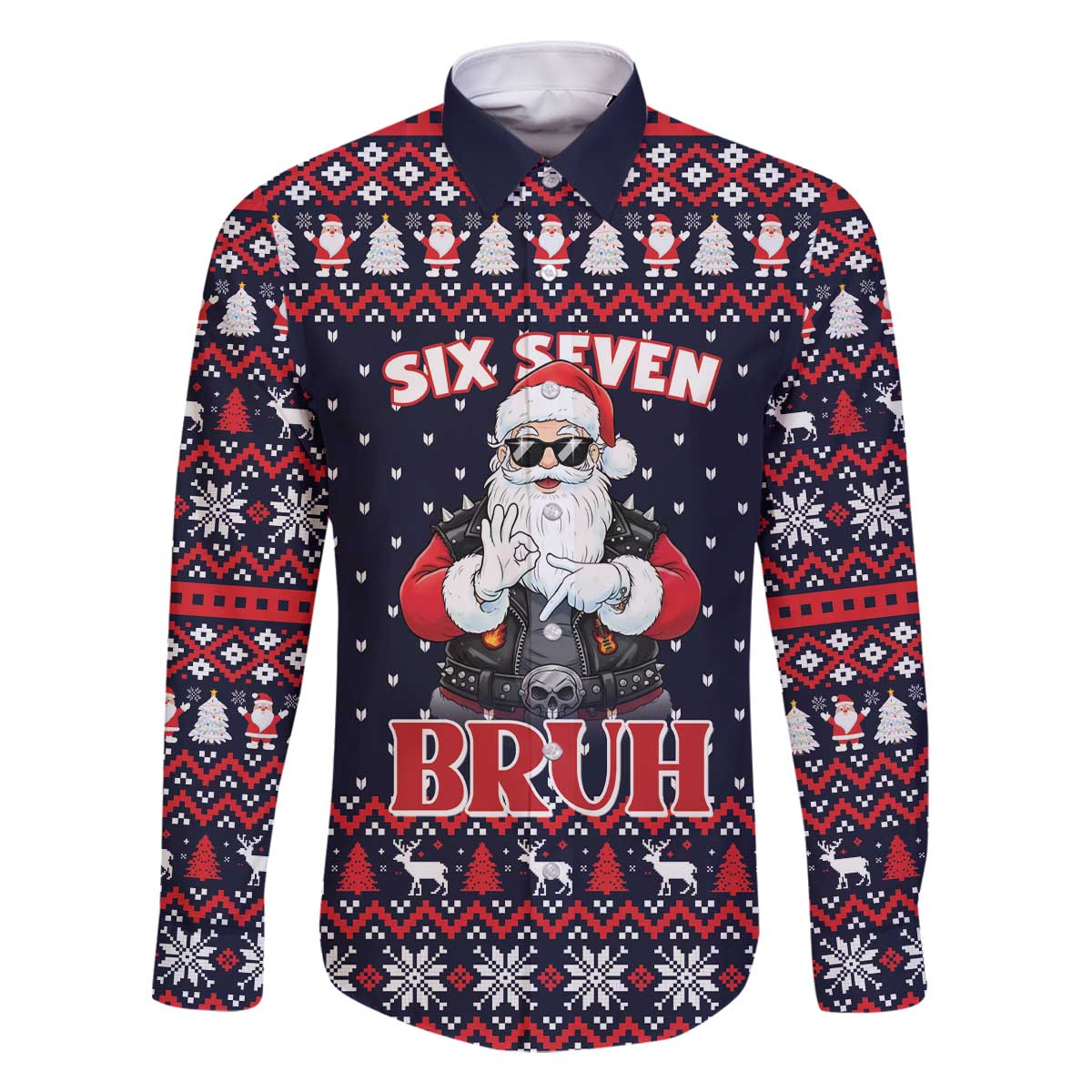 Funny Santa Six Seven Bruh Christmas Family Matching Off The Shoulder Long Sleeve Dress and Hawaiian Shirt Meme Gen Alpha Slang - Wonder Print Shop