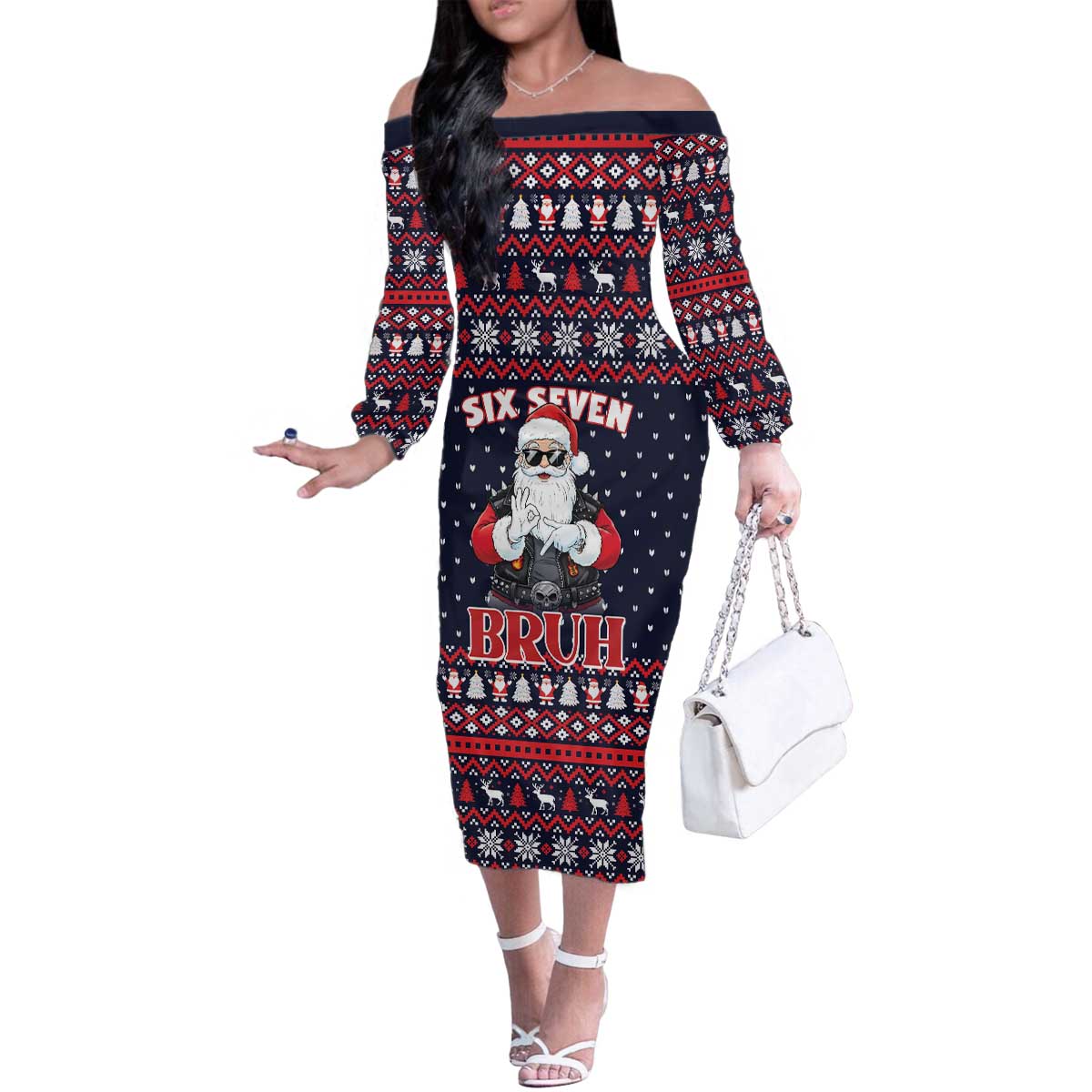 Funny Santa Six Seven Bruh Christmas Family Matching Off The Shoulder Long Sleeve Dress and Hawaiian Shirt Meme Gen Alpha Slang - Wonder Print Shop