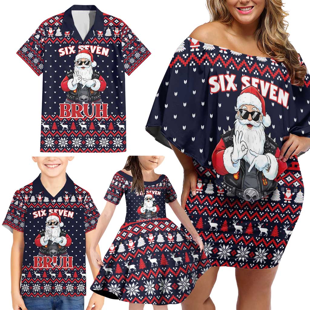 Funny Santa Six Seven Bruh Christmas Family Matching Off Shoulder Short Dress and Hawaiian Shirt Meme Gen Alpha Slang - Wonder Print Shop