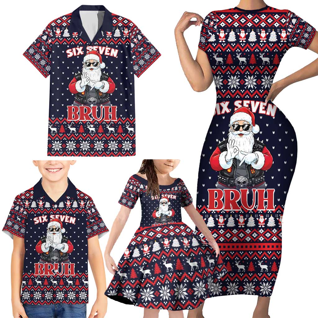 Funny Santa Six Seven Bruh Christmas Family Matching Short Sleeve Bodycon Dress and Hawaiian Shirt Meme Gen Alpha Slang - Wonder Print Shop