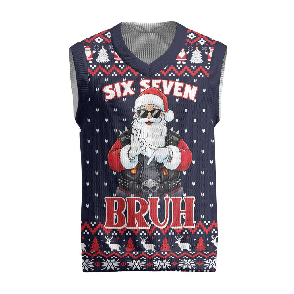 Funny Santa Six Seven Bruh Christmas Knitted V-Neck Vest Meme Gen Alpha Slang - Wonder Print Shop