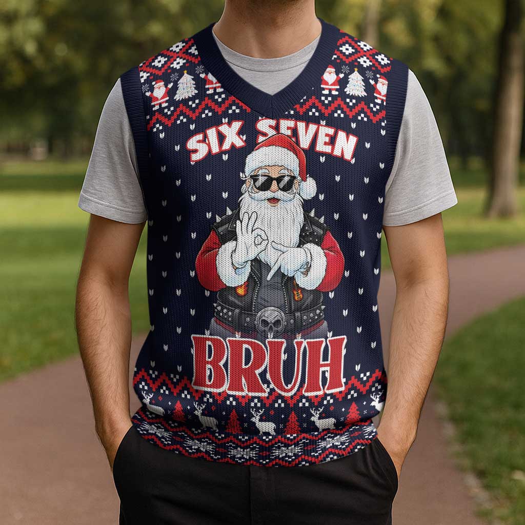 Funny Santa Six Seven Bruh Christmas Knitted V-Neck Vest Meme Gen Alpha Slang - Wonder Print Shop