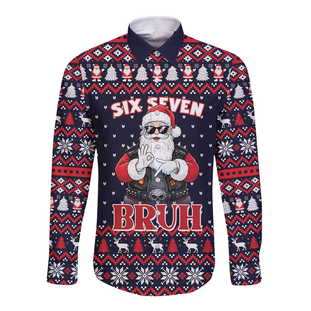 Funny Santa Six Seven Bruh Christmas Long Sleeve Button Shirt Meme Gen Alpha Slang - Wonder Print Shop