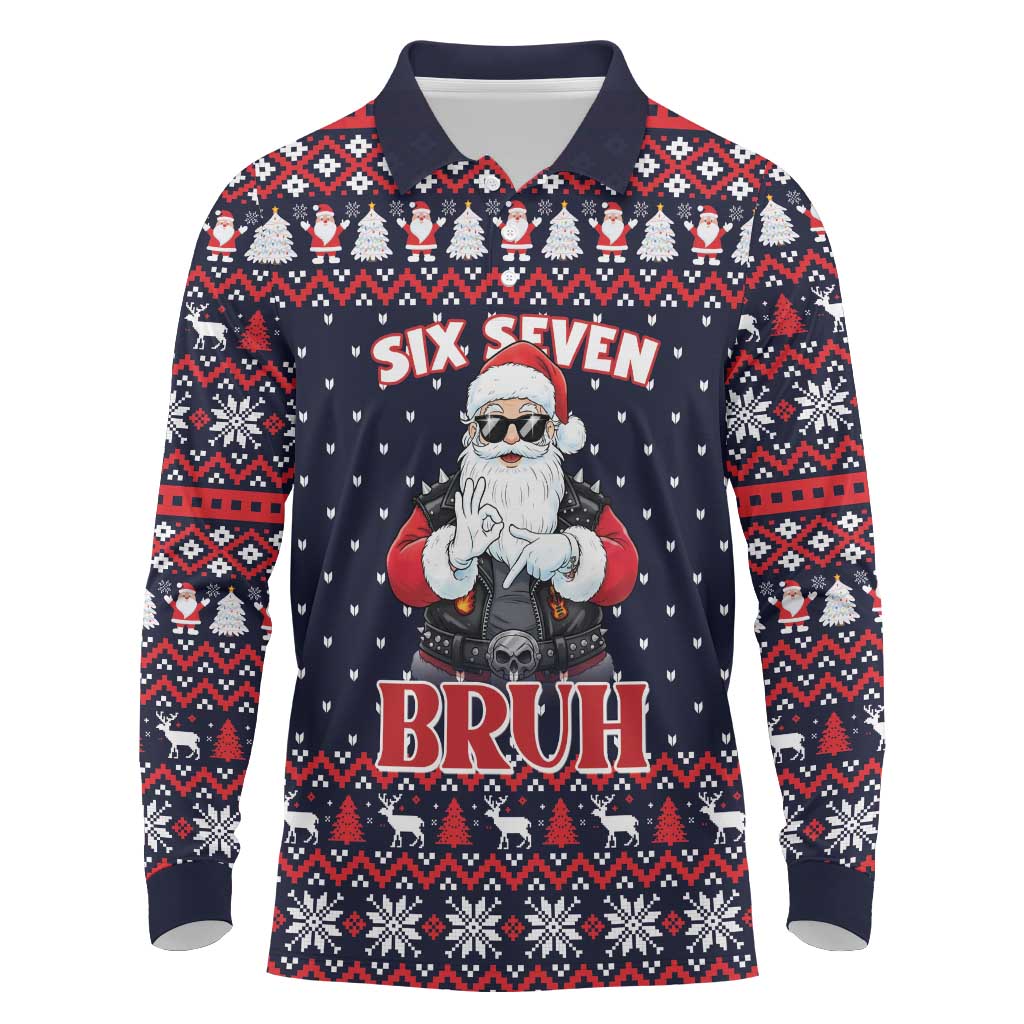 Funny Santa Six Seven Bruh Christmas Long Sleeve Polo Shirt Meme Gen Alpha Slang - Wonder Print Shop