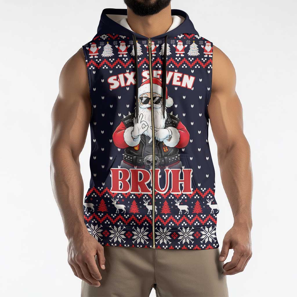 Funny Santa Six Seven Bruh Christmas Sleeveless Zip Hoodie Meme Gen Alpha Slang - Wonder Print Shop
