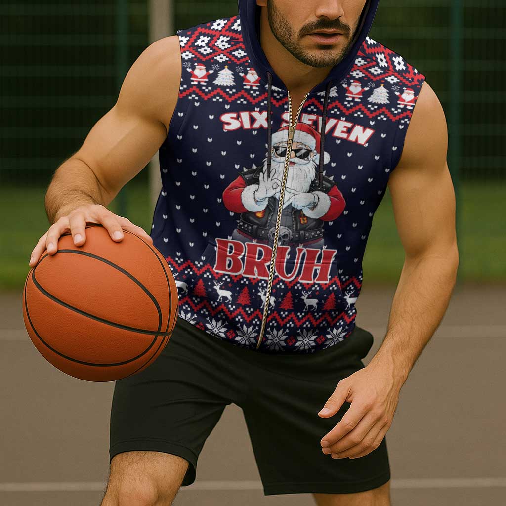 Funny Santa Six Seven Bruh Christmas Sleeveless Zip Hoodie Meme Gen Alpha Slang - Wonder Print Shop