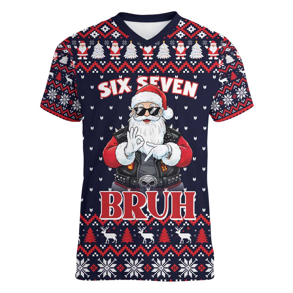 Funny Santa Six Seven Bruh Christmas Women V-Neck T-Shirt Meme Gen Alpha Slang - Wonder Print Shop