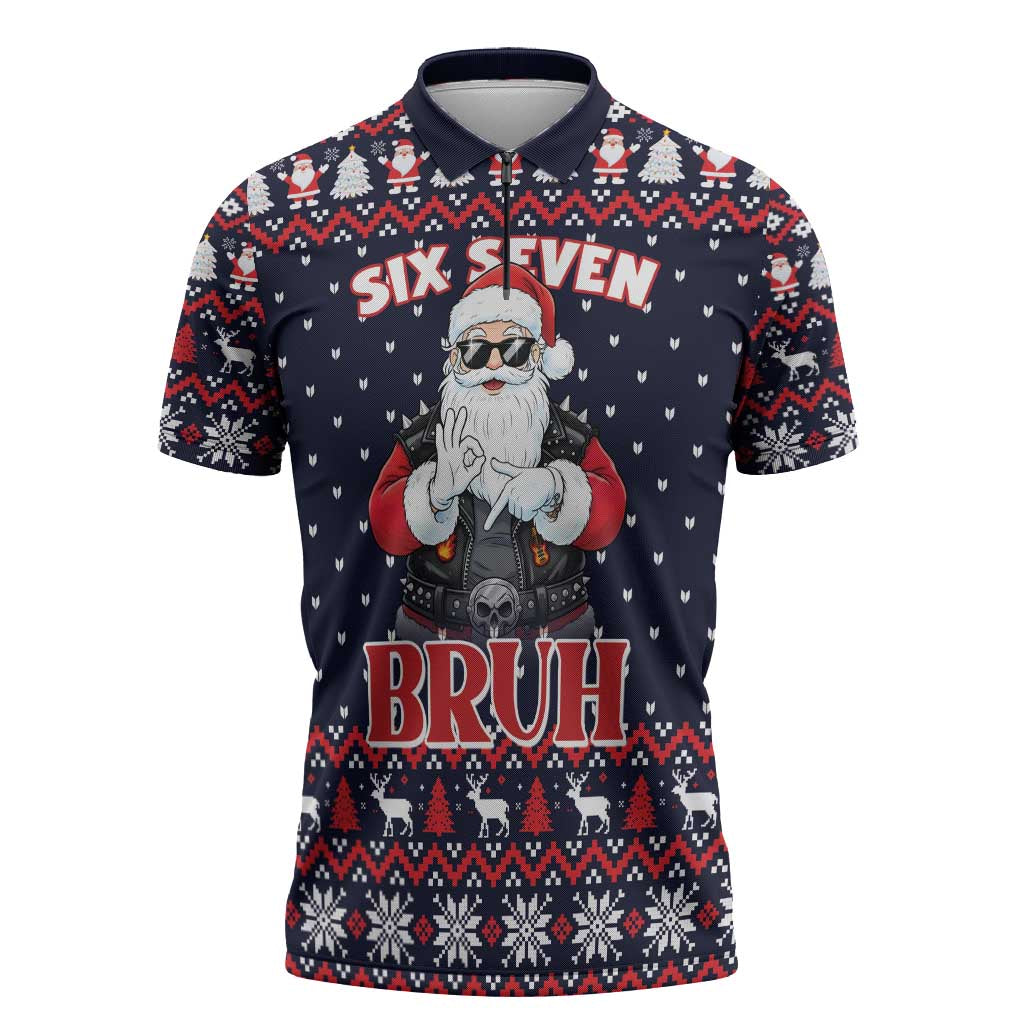 Funny Santa Six Seven Bruh Christmas Zipper Polo Shirt Meme Gen Alpha Slang - Wonder Print Shop