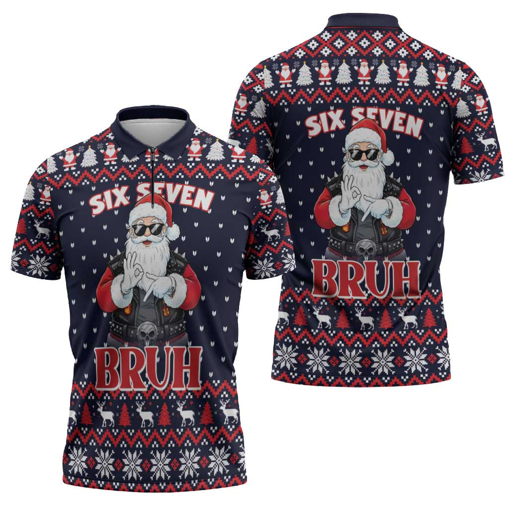 Funny Santa Six Seven Bruh Christmas Zipper Polo Shirt Meme Gen Alpha Slang - Wonder Print Shop
