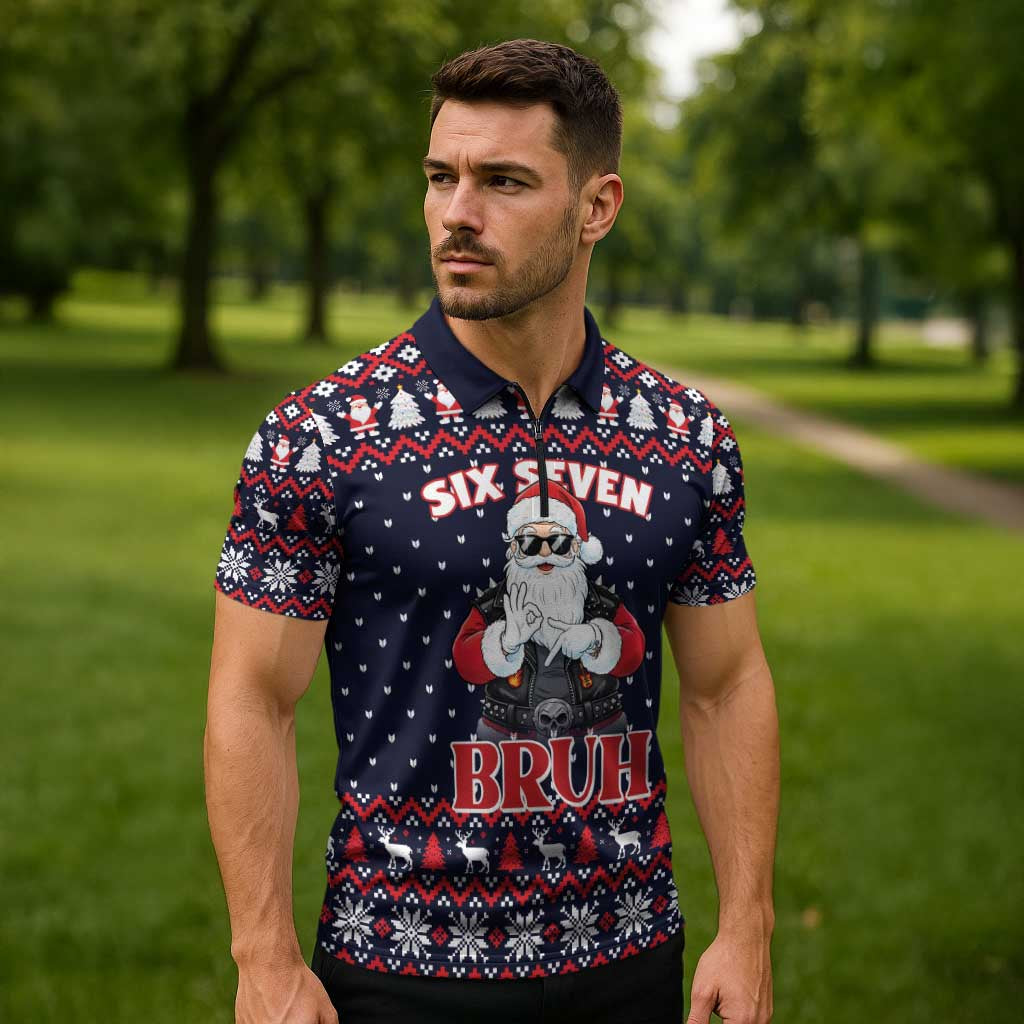 Funny Santa Six Seven Bruh Christmas Zipper Polo Shirt Meme Gen Alpha Slang - Wonder Print Shop