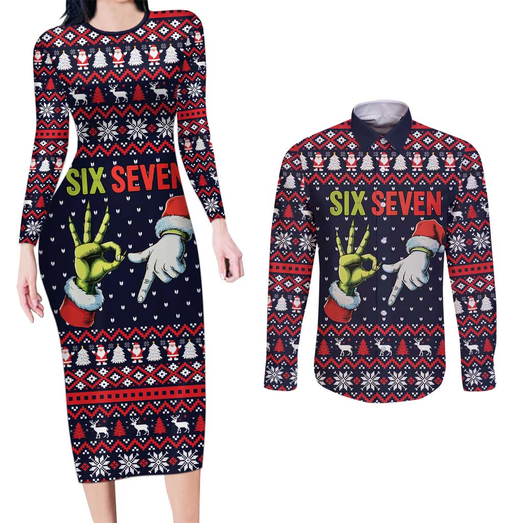 Grinch Hand Six Seven Xmas Couples Matching Long Sleeve Bodycon Dress and Long Sleeve Button Shirt Meme Gen Alpha Slang - Wonder Print Shop