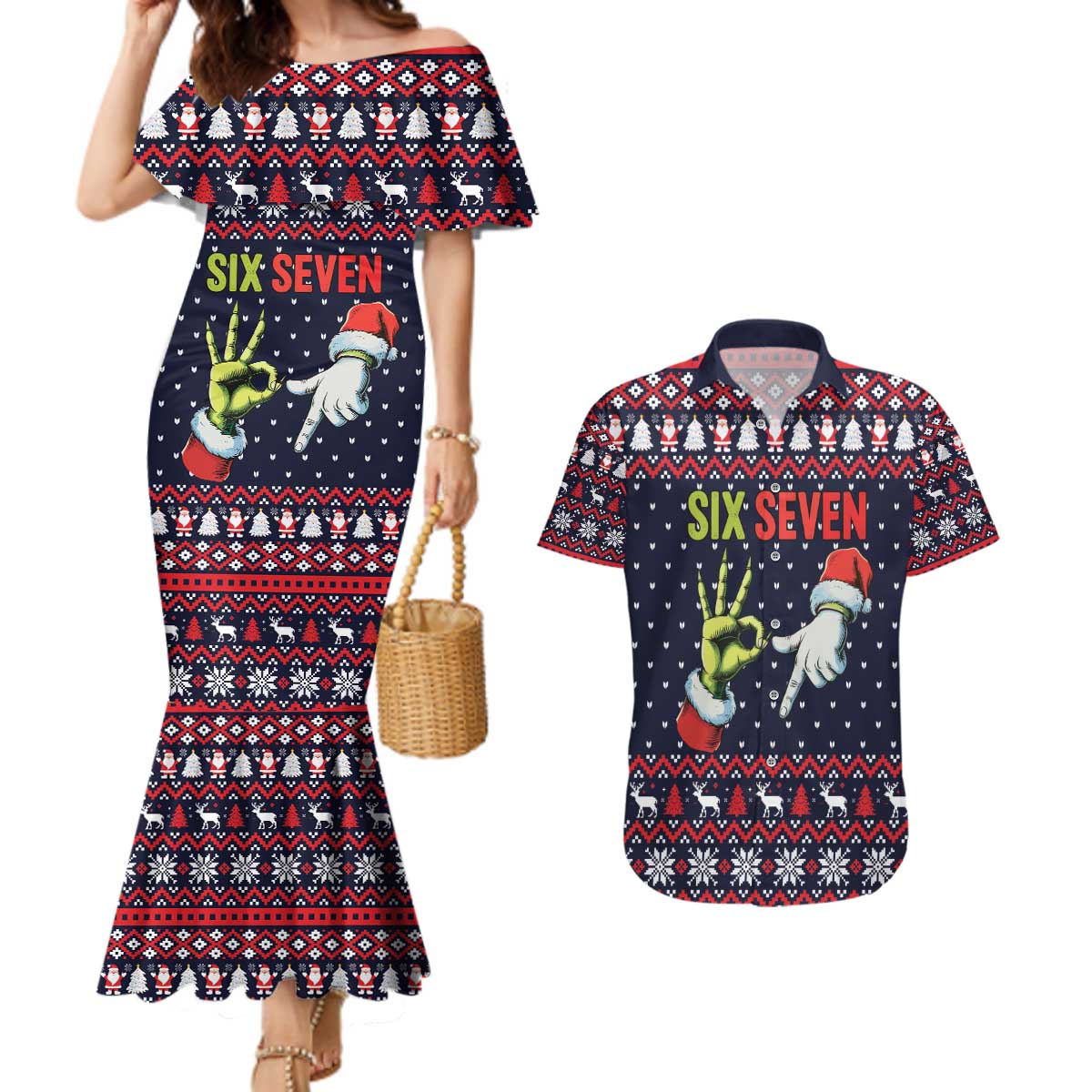 Grinch Hand Six Seven Xmas Couples Matching Mermaid Dress and Hawaiian Shirt Meme Gen Alpha Slang - Wonder Print Shop