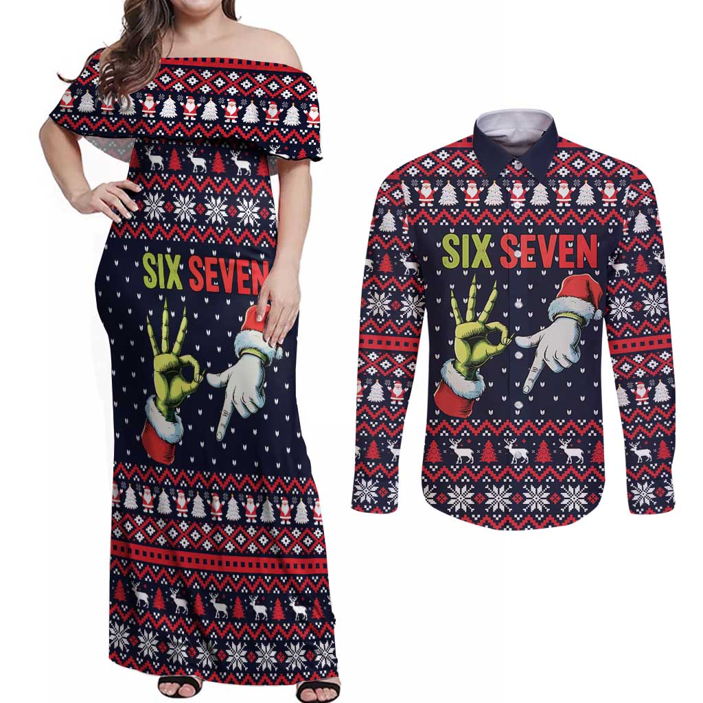 Grinch Hand Six Seven Xmas Couples Matching Off Shoulder Maxi Dress and Long Sleeve Button Shirt Meme Gen Alpha Slang - Wonder Print Shop
